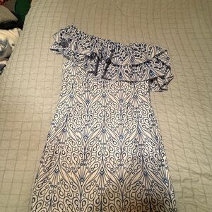 Off-Shoulder Blue and White Patterned Dress